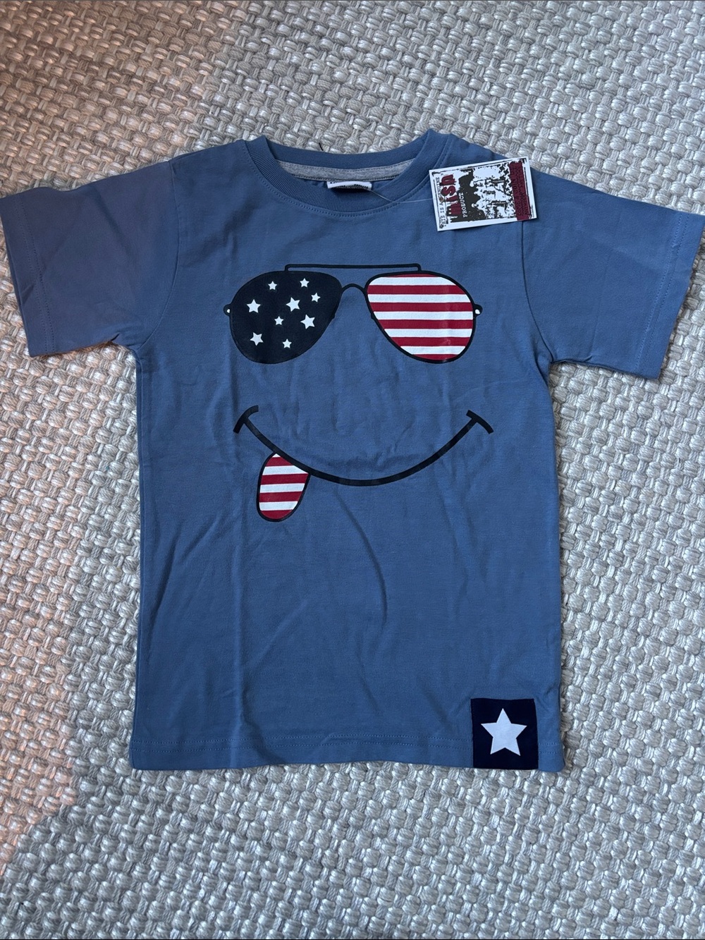Blue Kids Short-Sleeve Graphic Tee with USA Sunglasses Smile